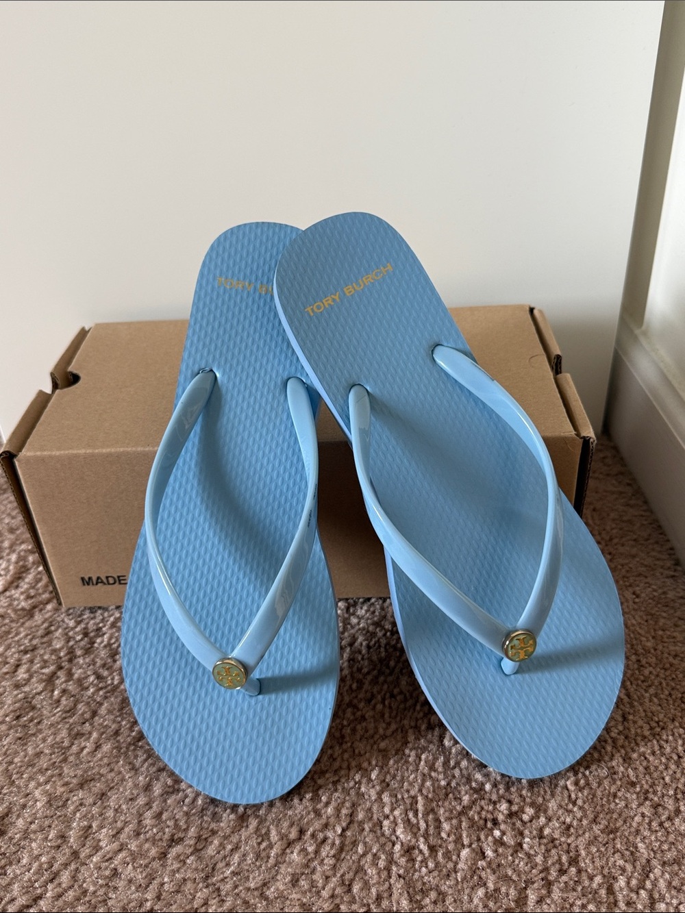 Tory Burch Sky Blue Patent Flip Flops with Gold Logo